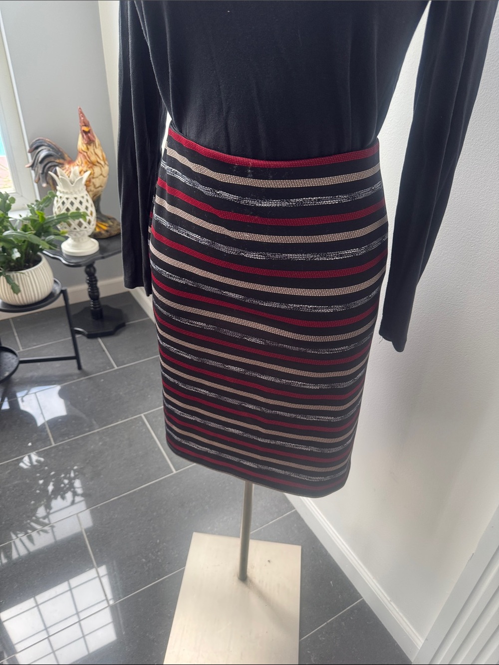 Roz & Ali Black Pencil Skirt with Red and Tan Stripes